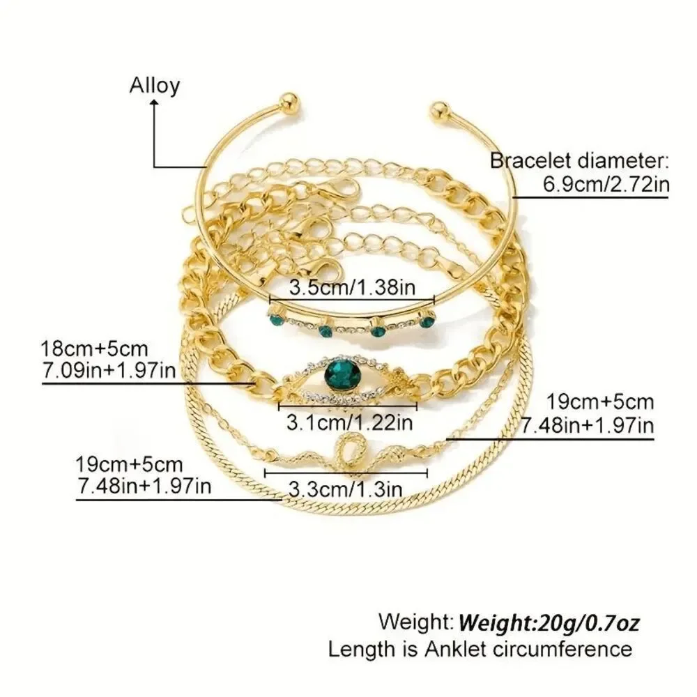 Evil Eye Diamond Emerald Snake Bracelet Set - 4 piece